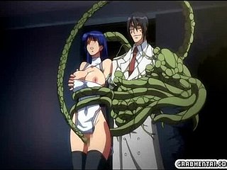 Rondborstige hentai gevangen en geboord ingress harige anime tentakels